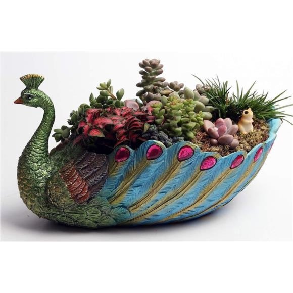 Succulents Planter Plants Pot Handmade 9.4 Inch Peacock Pot Resin Base Large Pot - Picture 3 of 5